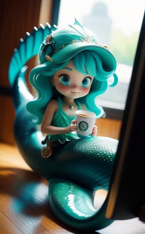 Make a real photo, a cup of Starbucks in front of the computer, top image quality, 64K image quality, iMAX visual effects, HDR10, high resolution, strong focus, there is a cute mermaid in the coffee cup, taking a bath in the coffee, with her tail exposed , looks very enjoyable, with cyan hair, big wavy hairstyle, and cyan tail scales. Halo effect, wide-angle effect, first-person visual effect, multi-angle vision.