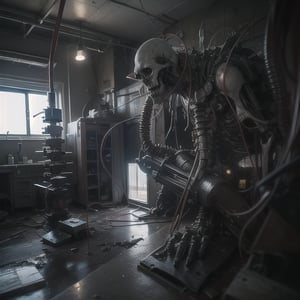 A photorealistic, ultra-wide angle image of a damaged biomechanical human, with exposed body parts revealing a mix of advanced machinery and horror-inspired design. The full-body mechanical design is marred by damage, exposing internal components and creating a sense of sci-fi terror. The scene is rendered in ultra-high detail at 32K resolution, with realistic textures and eerie, high-tech HDR10 lighting. Depth of field and ray tracing effects intensify the unsettling atmosphere, capturing the cold, metallic sheen and the ominous, pulsating glow of electrical currents within the exposed, snarling wires.