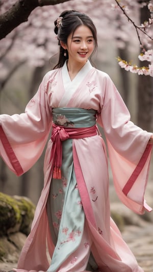 A woman wearing Hanfu from the Tang Dynasty and a chest-high Confucian skirt (tied above the chest and tied under the armpits), with the skirt fluttering in the wind, is walking in the cherry blossom forest, looking slightly sideways, smiling at the camera, with a sweet look on her face dimples