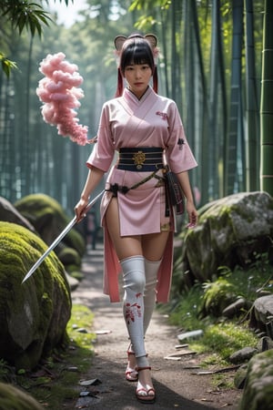 full body view, A beautiful Japanese ninja wearing a pink and white stealth combat uniform is taking off her nine-tailed demon fox mask. After a fierce battle, her delicate face reveals a tired expression and determined eyes. The ninja's The detailed patterns and embroidery on the combat uniform contrast with the traces of the battle. The traditional samurai sword is still dazzling. The background is an ancient and dense bamboo forest. The bamboo leaves are gently swaying in the breeze, and some broken pieces are scattered on the ground. The huge boulder is surrounded by light pink smoke and soft light. The whole scene is full of the intertwined style of Meiji and Edo periods--ar 3:4 --style raw --stylize 300