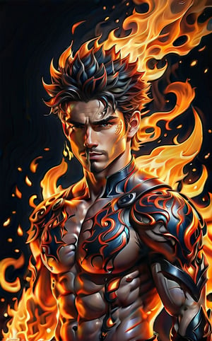 A man is on fire, yet calmly drinking his drink. Flames burst out from his hair and body, and the firelight was particularly dazzling in the dim environment. A blazing fire, bright reds and oranges intertwined, sparks flying everywhere. Flame shape changing, black background
