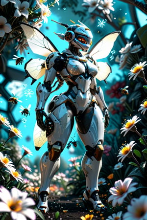 3D, Octane Render, futuristic style, white mech queen bee with a transparent body and gear assembly, full-body image, leading a swarm of mechanical bees collecting nectar in a garden filled with transparent, futuristic mechanical flowers. The flower buds glow and the light diffuses onto the petals, creating dramatic lighting effects. 64k, HDR, ultra-high definition, intricate details, hyper-realistic.