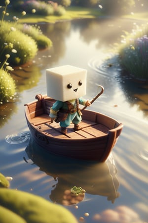 A charming square sugar cube dressed in a whimsical adventurer's outfit, sitting comfortably on a miniature wooden boat. The scene is set on a serene, reflective pond with soft, diffused sunlight highlighting the details of the costume. The composition focuses on the sugar cube, capturing a playful and adventurous spirit, with the boat gently floating on the water's surface.
