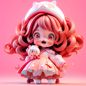 A cute 3D girl with long, curly red hair, wearing red shoes, on a pink background. The girl is making a funny face, pressing her cheeks with both hands, and sticking out her tongue.