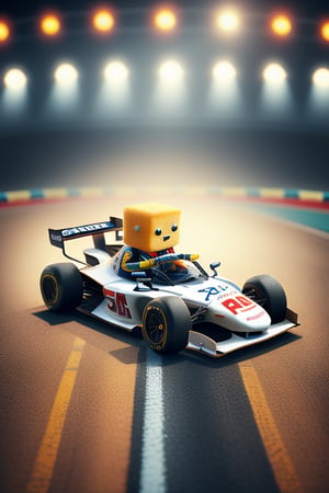 A delightful square sugar cube, adorably dressed in a sleek racing suit with a matching helmet, confidently seated in a miniature F1 racing car. The scene is vibrant and dynamic, set on a detailed race track with dramatic lighting emphasizing speed and motion. The composition captures the sugar cube in a poised, ready-to-race pose, with the F1 car's wheels slightly blurred to convey movement, amidst a backdrop of checkered flags and grandstands.