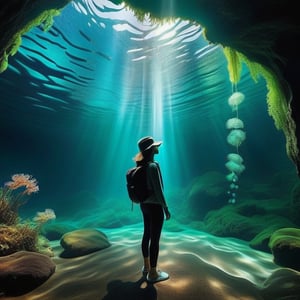 A 21-year-old Taiwanese girl explores a mysterious underwater cave decorated with shimmering bioluminescent algae. The cave walls glow with otherworldly colors and light penetrates shafts of darkness, revealing the magic and mystery of a hidden underwater world. , the school's ethereal jellyfish float gracefully, adding to the charm, captured with a GoPro Hero9 Black camera, the underwater housing focuses on the girls' awe and wonder as they discover the mysterious beauty of the underwater world, in a style that enhances the dreamlike quality of the scene .