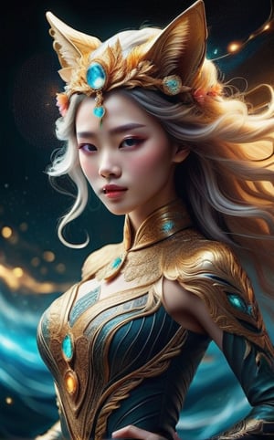 "Create an ultra-realistic, extreme sports photography cinematic scene. In the center of the image, there is a rotating, colorful plasma gas and light wormhole. Emerging halfway from the wormhole is a beautiful nine-tailed golden fox princess (either Oriental or Western). She has an oval-shaped face, flowing golden wavy long hair, and is wearing a princess dress made of pure gold-embroidered lace, featuring floral patterns and pure gold lace trim. She has her mouth open and is reaching out with her right hand for help. The image should have high contrast with detailed facial features, rich details, and extremely high resolution, presenting a photographic realism with intricate textures. Incorporate trillions of layers of exposure to enhance the depth and realism."