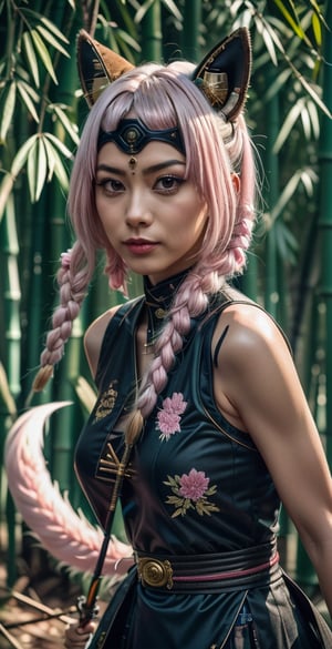 A beautiful Japanese ninja wearing a pink and white stealth combat uniform is taking off her nine-tailed demon fox mask. After a fierce battle, her delicate face reveals a tired expression and determined eyes. The ninja's The detailed patterns and embroidery on the combat uniform contrast with the traces of the battle. The traditional samurai sword is still dazzling. The background is an ancient and dense bamboo forest. The bamboo leaves are gently swaying in the breeze, and some broken pieces are scattered on the ground. The huge boulder is surrounded by light pink smoke and soft light. The whole scene is full of the intertwined style of Meiji and Edo periods--ar 3:4 --style raw --stylize 300