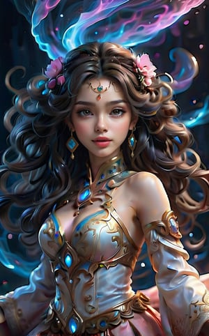 3D, hyper-realistic, Octane Render. There is a space-time wormhole swirling with colorful plasma gas and light in the center of the picture. A beautiful oriental woman crawled out of the wormhole. She has an oval face and elegant black waves. She has long curly hair and wears a pink princess outfit, which features a petal shape and white lace piping. She opened her mouth and extended her right hand to cry for help. High contrast, detailed features of faces. Rich details and extremely high resolution, showing photographic realism and delicate textures