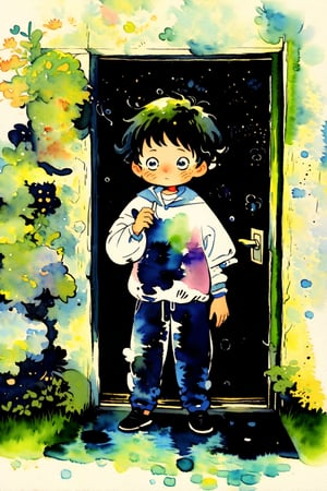 A watercolor splash style, a cartoon version of the watercolor splash style presentation.  A little boy sees the door, opens it with his hand, opens the door and enters the fairy tale world