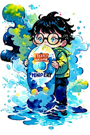A watercolor splash style, a cartoon version of the watercolor splash style presentation.  A boy was thirsty on a hot day and went to open the refrigerator to get some water with a thirsty expression.  Looks like wearing glasses.  background store