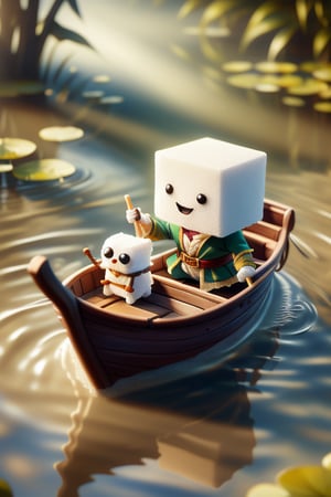 A charming square sugar cube dressed in a whimsical adventurer's outfit, sitting comfortably on a miniature wooden boat. The scene is set on a serene, reflective pond with soft, diffused sunlight highlighting the details of the costume. The composition focuses on the sugar cube, capturing a playful and adventurous spirit, with the boat gently floating on the water's surface.