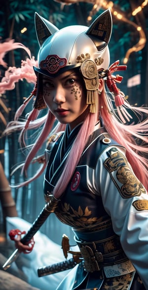 A beautiful Japanese ninja wearing a pink and white stealth combat uniform is taking off her nine-tailed demon fox mask. After a fierce battle, her delicate face reveals a tired expression and determined eyes. The ninja's The detailed patterns and embroidery on the combat uniform contrast with the traces of the battle. The traditional samurai sword is still dazzling. The background is an ancient and dense bamboo forest. The bamboo leaves are gently swaying in the breeze, and some broken pieces are scattered on the ground. The huge boulder is surrounded by light pink smoke and soft light. The whole scene is full of the intertwined style of Meiji and Edo periods--ar 3:4 --style raw --stylize 300