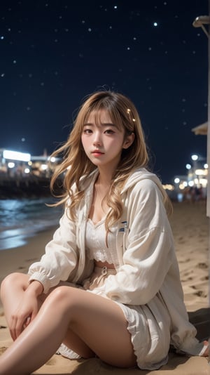 The most delicate and complex real materials, 32K, HDR10, depth of field, light and shadow tracking effects, [ultra wide angle full frame], a [Japanese girlfriend] full body style, beige girl hair, wearing light summer clothes, sitting in the sky at night Starlight seaside beach, close-up dynamic photography with dynamic effects, cinematic camera movement.