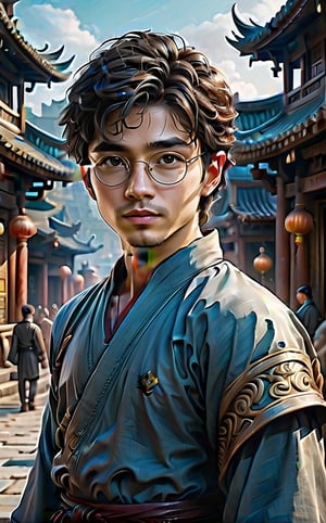 Harry Potter wears Chinese costumes, filming martial arts action movies, ancient Chinese architecture sub-background, fighting, kung fu poses, many people in the background, war, close-up, depth of field, ultra-fine image quality, 8K, hyperrealistic, hyperdetailed, upper body portrait, Harry Potter face