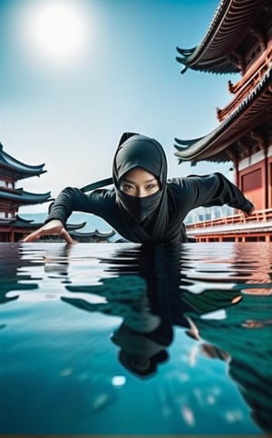 Ninja beauty, floating in the air. background city, super wide angle air lens