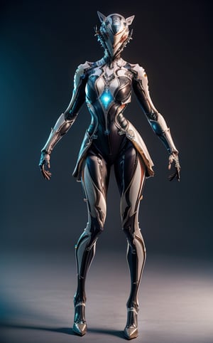 Full body shot of beautiful android female robot wearing skirt and decoration