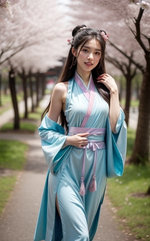 A woman wearing Hanfu from the Tang Dynasty and a chest-high Confucian skirt (tied above the chest and tied under the armpits), with the skirt fluttering in the wind, is walking in the cherry blossom forest, looking slightly sideways, smiling at the camera, with a sweet look on her face dimples