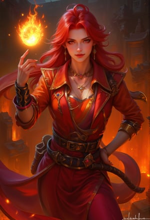 beautiful witch with red hair and red and orange clothes. above his hand floated a ball of fire. fire blazing in the background, dark fantasy, vibrant