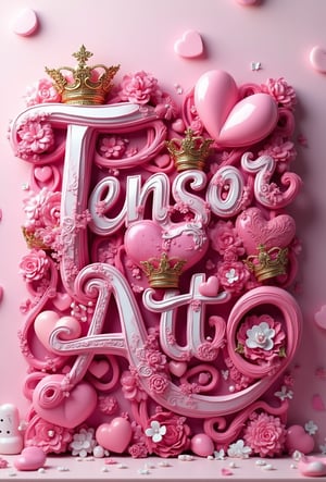 A stunning 3D illustration that masterfully portrays the name "TensorArt" in exquisite, opulent lettering. The vibrant font, crafted in fuchsia, pink, and white,is adorned with swirling patterns, hearts, and magnificent gold crowns on each letter, exuding a sense of royal grace and elegance. The composition gracefully leans towards the right, with various shapes adding depth and dimension, drawing the viewer into the artwork. The subtle, muted background harmonizes with the vibrant colors and intricate details, creating a visually pleasing balance. This captivating visual homage celebrates a beloved and cherished mother, highlighting the artist's exceptional talent and skill in seamlessly integrating photography, 3D rendering, and illustration., illustration, 3d render, graffiti, vibrant