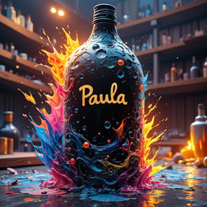 A 3D render of a massive black champagne bottle with vibrant, swirling alcohol ink designs. The bottle is adorned with splashes of multicoloredpaint, blending seamlessly into the background. There is a fire with diamonds. The text "Paula" is written in gold on the bottle, creating a harmonious balance between the structured engraving and the free-flowing ink patterns.