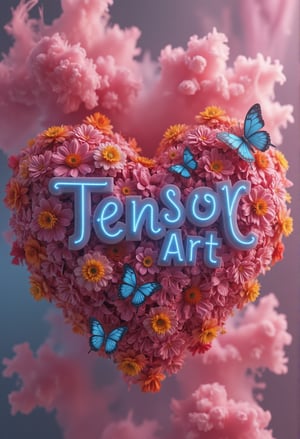 name "Tensor Art” on the background 3d with flowers heart colors and butterflies and colored smoke and pink, 3d render, typography