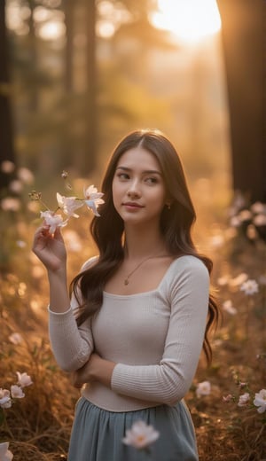 Portrait of a Caucasian beautiful girl holding the most delicate flower, blured forest background, morning sunrise, 8k