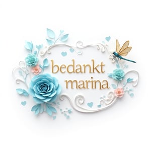 3D render of an elegant illustration on a pure white background. The focal point is the name " bedankt marina" written in exquisite gold letteringon a gracefully flowing white banner. The design is adorned with swirling light blue and silver patterns. Surrounding the central text, there are delicate blue roses, interspersed with turquoise, pink, and gold hearts. A large, stunning blue rose adds a touch of enchantment to the scene. Completing the composition is a golden dragonfly with a blue body, fluttering gracefully on the right side.Less
