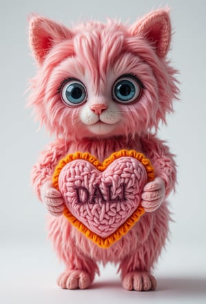 A vibrant, pastel-colored 3D render of a pink and orange furry heart with the playful text "DALI" written on it. The heart is held by a cute, fluffy pink cat with big eyes, standing on a white background. The overall design exudes a sense of whimsy and cuteness, with the soft fur and bright colors making it visually appealing. More
