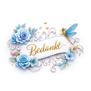 3D render of an elegant illustration on a pure white background. The focal point is the name " bedankt marina" written in exquisite gold letteringon a gracefully flowing white banner. The design is adorned with swirling light blue and silver patterns. Surrounding the central text, there are delicate blue roses, interspersed with turquoise, pink, and gold hearts. A large, stunning blue rose adds a touch of enchantment to the scene. Completing the composition is a golden dragonfly with a blue body, fluttering gracefully on the right side.Less
