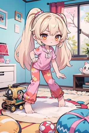 1 cute chibi girl, longest twin ponytail blonde hair, orange eyes, pink pajama outfit, pink pants, in room, childish room design, toy train, masterpiece, detail, crawling pose,