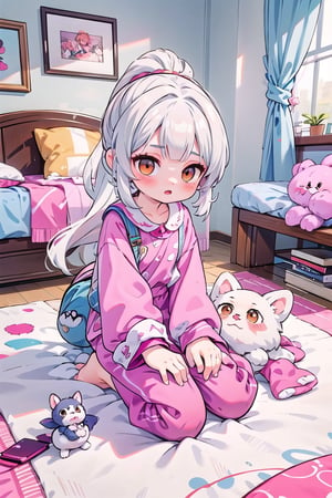 1 cute chibi girl, longest twin ponytail blonde hair, orange eyes, pink pajama outfit, pink pants, in room, childish room design, toy train, masterpiece, detail, crawling pose,