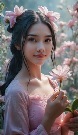 Portrait of a Caucasian beautiful girl holding the most delicate flower, blured forest background, morning sunrise, 8k
Anime style of an ethereal girl with large, expressive eyes, and colorful, flowing hair, set in a vibrant, dynamic urban environment with supernatural elements, by Hayao Miyazaki and Akira Toriyama, cinematic composition, trending on ArtStation.