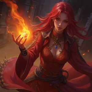 beautiful witch with red hair and red and orange clothes. above his hand floated a ball of fire. fire blazing in the background, dark fantasy, vibrant