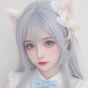 1girl, 

Cosplay, Real person, photo, twitter username, white background, mini person, aqua eyes, looking at viewer, grey hair, :i, aqua hair, simple background, blush, minigirl, blue hair, hair flower, solo, hair ornament, close-up, portrait, flower,
