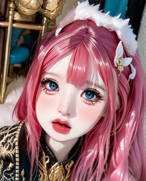 a cute doll, cyan pink hair, long gold and white dress ocean cliff, detailed face, vines, stars, ((surrealism)), (abstract), intricately detailed   art triadic colors, fantastical, splash screen, fantasy high magic concept art, 8k resolution, (masterpiece), heavy strokes,long hair ,hair bangs are above the eyebrows,pink lips,no bang,realistic,EpicDoll,pink lips,EpicMakeup,short neck,cute face,Perfect smooth skin,Blue pupil,