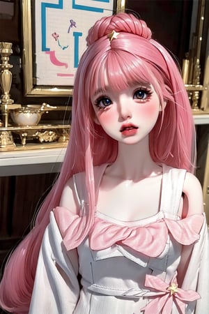 a cute doll, cyan pink hair, long gold and white dress ocean cliff, detailed face, vines, stars, ((surrealism)), (abstract), intricately detailed   art triadic colors, fantastical, splash screen, fantasy high magic concept art, 8k resolution, (masterpiece), heavy strokes,long hair ,hair bangs are above the eyebrows,pink lips,no bang,realistic,EpicDoll,pink lips,EpicMakeup,short neck,cute face,Perfect smooth skin,Blue pupil,