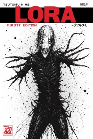 This monochrome manga by tsutomu nihei is a highly detailed manga by tsutomu nihei The image is a digital illustration for the cover of a graphic novel titled "LORA FIRST EDITION." The artwork is predominantly black and white with bold red accents. The central figure is a skeletal, humanoid creature with a skull-like face and a menacing expression. The creature's skin is ribbed and textured, giving it a skeletal appearance. Its arms are outstretched, and its hands are claw-like, adding to the menacing atmosphere. The background is a gradient of white to black, with abstract splatters and smudges, suggesting a chaotic or post-apocalyptic environment.

The title "LORA" is prominently displayed in large, bold red letters at the top of the cover, with the subtitle "FIRST EDITION" below it. The text "TSUTOMU NIHEI" is printed in smaller red letters at the top left corner, indicating the artist's name. The bottom left corner features a small red logo with a black border, possibly representing the publisher. The overall style is dark and gritty, with a focus on the creature's menacing presence and the chaotic background, evoking a sense of dread and intensity.

