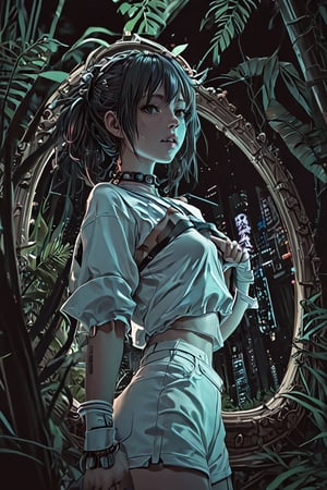 [ dark cave with wet aquamarine illumination stockphoto : skimpy-li hipster girl outfit  manga by Murasaki Yamada  ( vector-anime style: 0.1)   cute-nsd in the anon-bbcworld mirror  resting head on hand skimpy elaborate choker futuristic city jungle retro artstylem pixel art detailed magnificent : 0.2] 