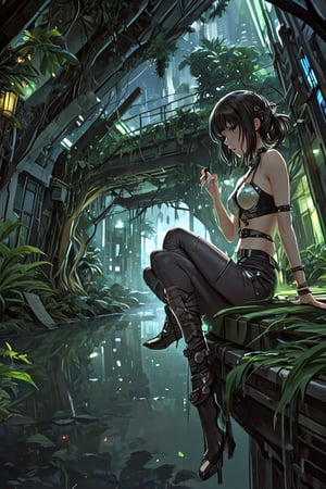 [ dark cave with aquamarine illumination stockphoto : skimpy-li hipster girl outfit  manga by Atsushi Suzumi   cute-nsd in the anon-bbcworld mirror  resting head on hand skimpy elaborate choker futuristic city jungle retro artstylem pixel art detailed magnificent : 0.2] 