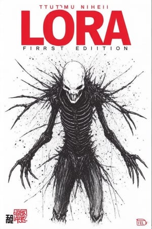 This monochrome manga by tsutomu nihei is a highly detailed manga by tsutomu nihei The image is a digital illustration for the cover of a graphic novel titled "LORA FIRST EDITION." The artwork is predominantly black and white with bold red accents. The central figure is a skeletal, humanoid creature with a skull-like face and a menacing expression. The creature's skin is ribbed and textured, giving it a skeletal appearance. Its arms are outstretched, and its hands are claw-like, adding to the menacing atmosphere. The background is a gradient of white to black, with abstract splatters and smudges, suggesting a chaotic or post-apocalyptic environment.

The title "LORA" is prominently displayed in large, bold red letters at the top of the cover, with the subtitle "FIRST EDITION" below it. The text "TSUTOMU NIHEI" is printed in smaller red letters at the top left corner, indicating the artist's name. The bottom left corner features a small red logo with a black border, possibly representing the publisher. The overall style is dark and gritty, with a focus on the creature's menacing presence and the chaotic background, evoking a sense of dread and intensity.

