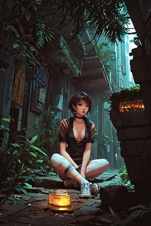 [ dark cave with tangerine striped aquamarine illumination stockphoto : skimpy-li hipster girl outfit  manga by Koharu Sakuraba  ( vector-anime style: 0.1)   cute-nsd in the anon-bbcworld mirror  resting head on hand skimpy elaborate choker futuristic city jungle retro artstylem pixel art relaxed posture surrounded by borders  : 0.2] 