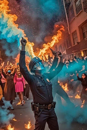 

[a close up of a colorful painting on a wall, cold metallic atmosphere, resin, embers flying, metallic paint, within radiate connection, warm and soft and subdued colors, breath condensation, connectedness, turquoise and venetian red, metallic colors, spectrum colours, calm and contented painting:blacklivesmatter pink floyd march  effigy police officer torn crowd protesters chant unison hoist it high above their heads woke priests dance around fire their golden masks reflect flicker light for intersectionality and diversity  :0.2]


