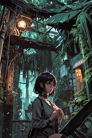 [ dark cave with aquamarine illumination stockphoto : skimpy-li hipster girl outfit  manga by Atsushi Suzumi  ( vector-anime style: 0.1)   cute-nsd in the anon-bbcworld mirror  resting head on hand skimpy elaborate choker futuristic city jungle retro artstylem pixel art detailed magnificent : 0.2] 