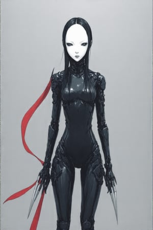 a detailed digital monochromatic artwork from a tsutomu nihei manga Blame! and Biomega from a tsutomu nihei manga Blame! and Biomega This is a highly detailed digital drawing of a futuristic, androgynous humanoid figure. The character has a sleek, metallic body with a smooth, reflective surface. The head is devoid of any facial features, giving it a blank, expressionless appearance. The figure's eyes are covered by a black visor, enhancing the mysterious and otherworldly aura.

The body is composed of a mix of organic and mechanical parts. The limbs are articulated, with joints that allow for a wide range of motion. The hands are equipped with sharp, metallic claws, adding to the character's menacing appearance.

The outfit is form-fitting and made of a glossy, black material that hugs the figure's curves, emphasizing its feminine form. A red, ribbon-like appendage extends from the character's waist, flowing behind it and adding a dynamic element to the composition.

The background is a muted gray with subtle, textured brushstrokes, which contrasts sharply with the character's vivid colors and metallic sheen. The overall style is reminiscent of cyberpunk art, with a focus on sleek, futuristic design and a blend of organic and mechanical elements. The image is rich in detail, with a high level of realism and precision in the rendering of textures and surfaces.