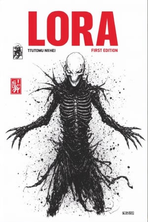 This monochrome manga by tsutomu nihei is a highly detailed manga by tsutomu nihei The image is a digital illustration for the cover of a graphic novel titled "LORA FIRST EDITION." The artwork is predominantly black and white with bold red accents. The central figure is a skeletal, humanoid creature with a skull-like face and a menacing expression. The creature's skin is ribbed and textured, giving it a skeletal appearance. Its arms are outstretched, and its hands are claw-like, adding to the menacing atmosphere. The background is a gradient of white to black, with abstract splatters and smudges, suggesting a chaotic or post-apocalyptic environment.

The title "LORA" is prominently displayed in large, bold red letters at the top of the cover, with the subtitle "FIRST EDITION" below it. The text "TSUTOMU NIHEI" is printed in smaller red letters at the top left corner, indicating the artist's name. The bottom left corner features a small red logo with a black border, possibly representing the publisher. The overall style is dark and gritty, with a focus on the creature's menacing presence and the chaotic background, evoking a sense of dread and intensity.

