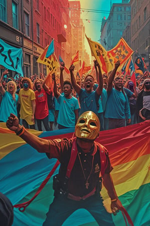 

[a close up of a colorful painting on a wall, cold metallic atmosphere, resin, embers flying, metallic paint, within radiate connection, warm and soft and subdued colors, breath condensation, connectedness, turquoise and venetian red, metallic colors, spectrum colours, calm and contented painting:blacklivesmatter rally against racism cult march effigy police officer torn crowd protesters chant unison hoist it high above their heads pride flag garbed priests dance around their golden masks reflect flicker light  in the darkness :0.2]


