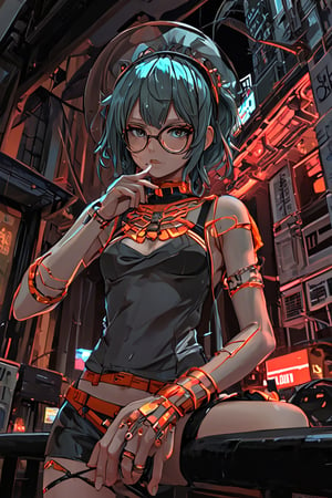 [ dark cave with red aquamarine illumination stockphoto : skimpy-li hipster girl outfit  manga by Koharu Sakuraba  ( vector-anime style: 0.1)   cute-nsd in the anon-bbcworld mirror  resting head on hand skimpy elaborate choker futuristic city jungle retro artstylem pixel art detailed magnificent : 0.2] 