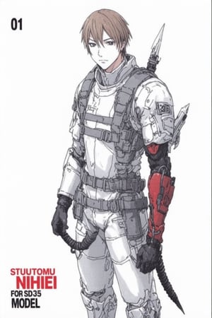 This image is a digital drawing in a manga style, depicting a character named Tsutomu Nihiei from the manga series "LORA" The character is a young man with short, light brown hair and a serious expression. He is dressed in a bulky, white, armored suit with numerous straps and buckles, giving it a rugged and utilitarian appearance. The suit is detailed with intricate stitching and padding, suggesting it is designed for protection and durability. 

The character's right arm is replaced by a mechanical prosthetic, which is red and black and appears to be a weapon or a tool. The prosthetic has a jagged, sharp edge, indicating its potential for combat. A long, black, coiled tube is attached to his suit, possibly for a weapon or communication purposes.

The background is plain white, which makes the character and his gear stand out prominently. The number "01" is in the lower left corner in large, bold red text, indicating the volume number of the manga series. The author of this manga is written with the words "TSUTOMU NIHIEI" in bold, black, uppercase letters, with "FOR SD35 MODEL" in smaller , black text underneath , suggesting a model or version number. The overall art style is gritty and realistic, emphasizing the character's