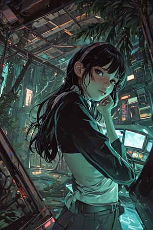 [ dark cave with aquamarine illumination stockphoto : skimpy-li hipster girl outfit  manga by Atsushi Suzumi  ( vector-anime style: 0.1)   cute-nsd in the anon-bbcworld mirror  resting head on hand skimpy elaborate choker futuristic city jungle retro artstylem pixel art detailed magnificent : 0.2] 